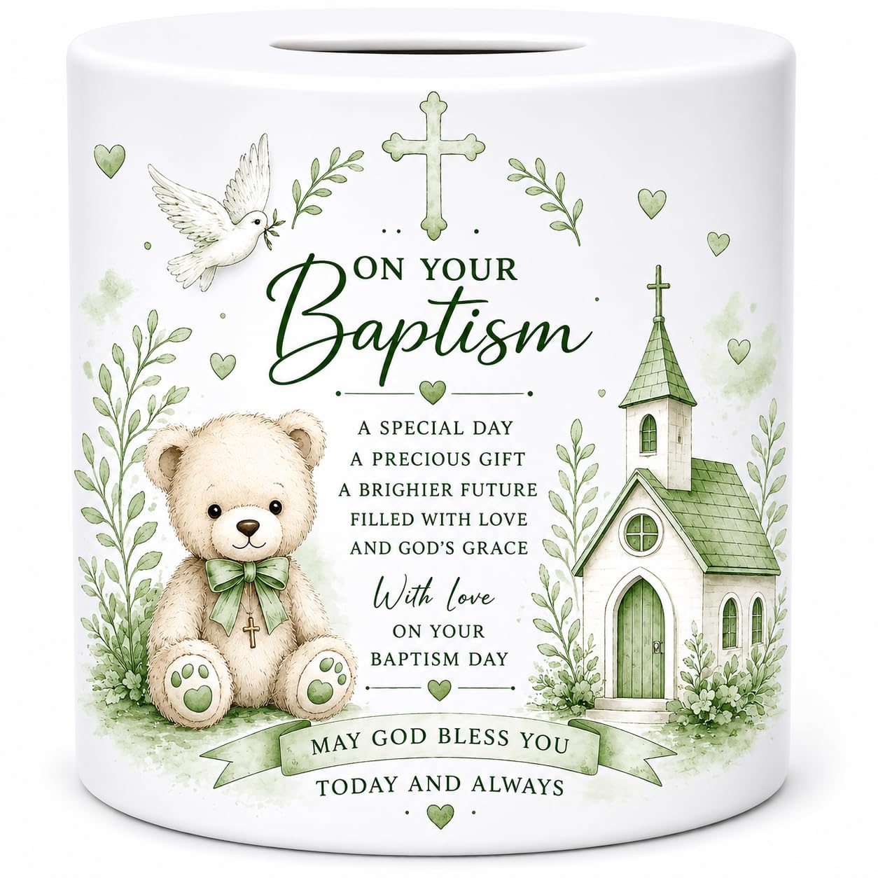 Green Baptism Money Box | Ceramic Religious Keepsake Gift | Teddy Bear Savings Bank