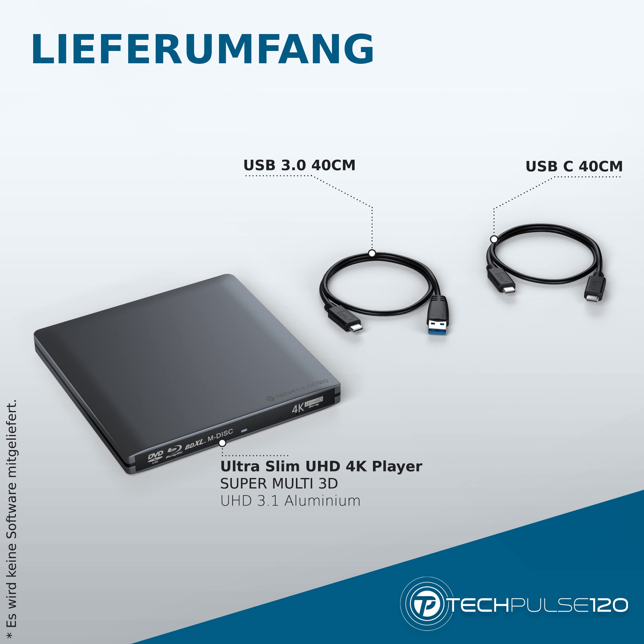 techPulse120 USB-C UHD HDR 4K 3D MDisc BDXL nagrywarka Bluray i Superdrive BD DVD CD do PC, notebooka, ultrabooka, Windows, MacOS