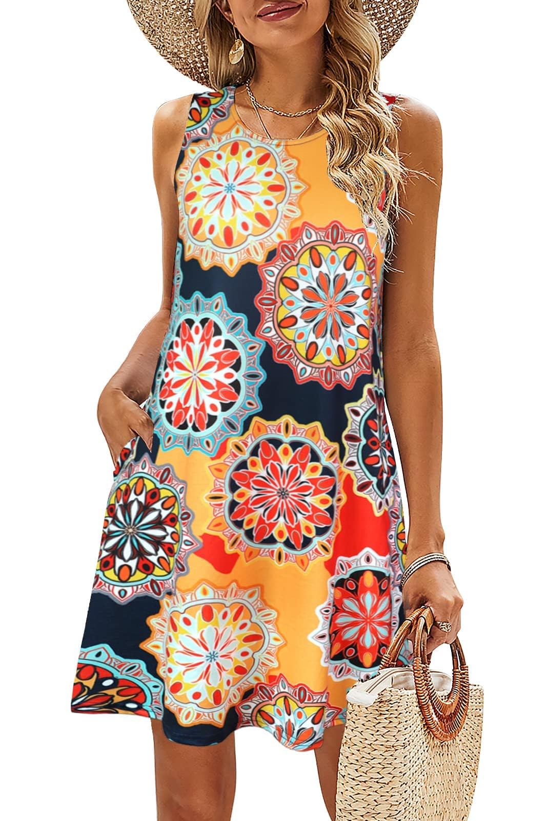 BDTECAOR Sommerkleider Damen Ärmellos Strandkleid Locker Lässige Taschen Boho Tank Kleid