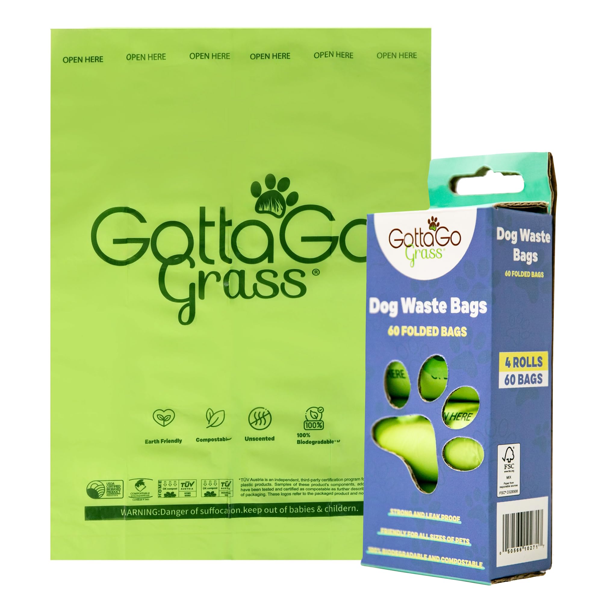 Gotta Go Grass Dog Poop Bags Rolls - 60 Biodegradable Dog Waste Bags - Easy To Open, Leak-Proof and Durable - Eco Friendly Pet Bags