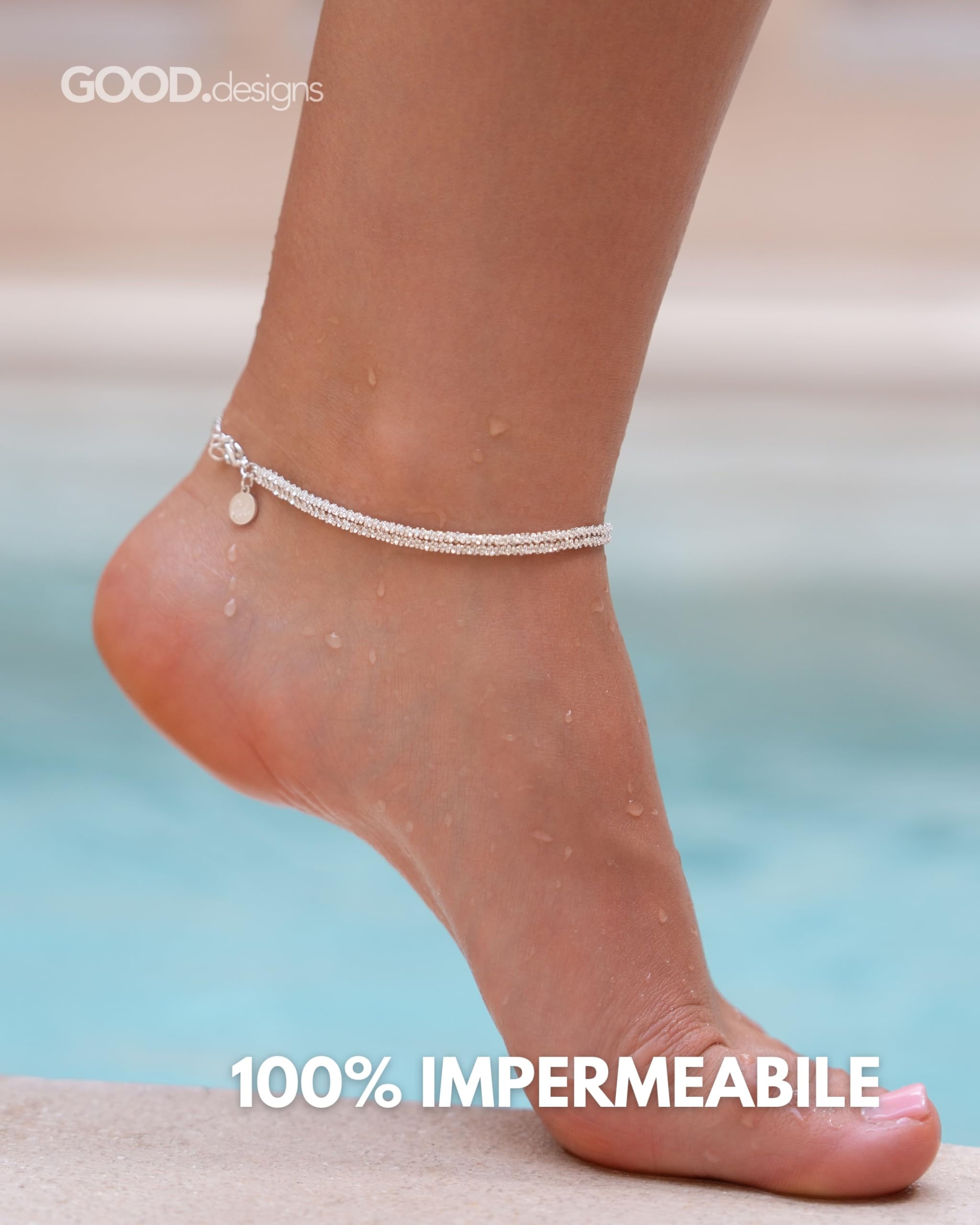 GD GOOD.designs Cavigliere da donna | Cavigliera a più fili in acciaio inox placcato oro 18K, oro rosa o oro bianco - Impermeabile e regolabile (22-27 cm)