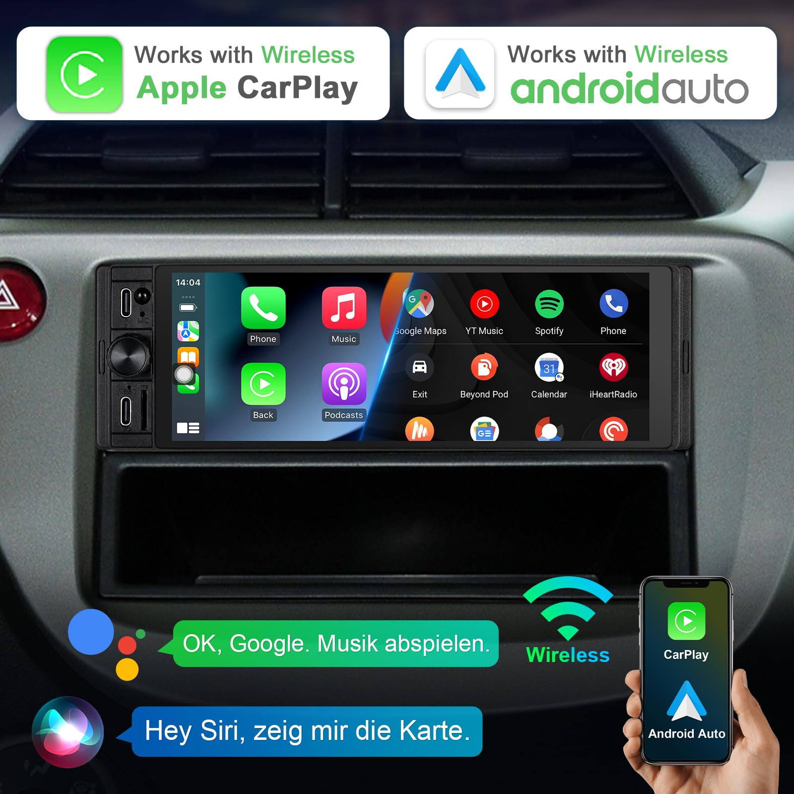 1 DIN Radio Kompatibel mit Wireless CarPlay & Android Auto, Autoradio 1Din mit 6,28 Zoll HD Bildschirm, Navi, Bluetooth, AM/FM/RDS, TF, AUX, SWC