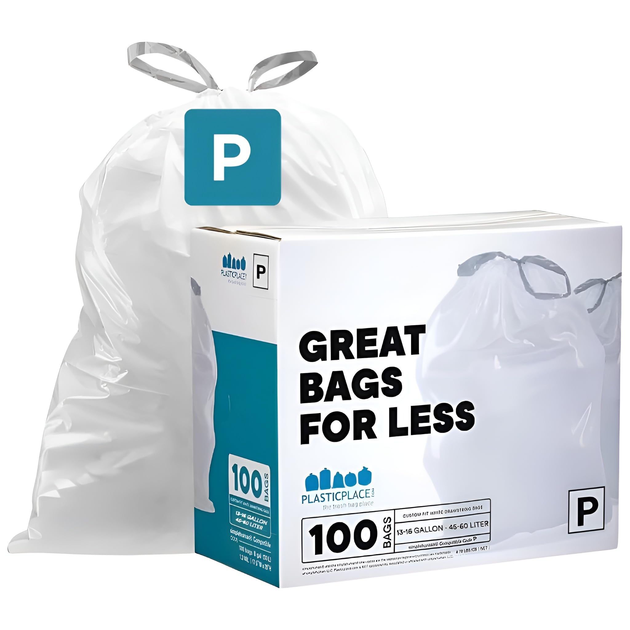 Plasticplace simplehuman Codice P Compatibile con Coulisse Sacchi per rifiuti 13-16 galloni / 50-60 Litri 23,75 "x 31,5", 100 Conte, Bianco