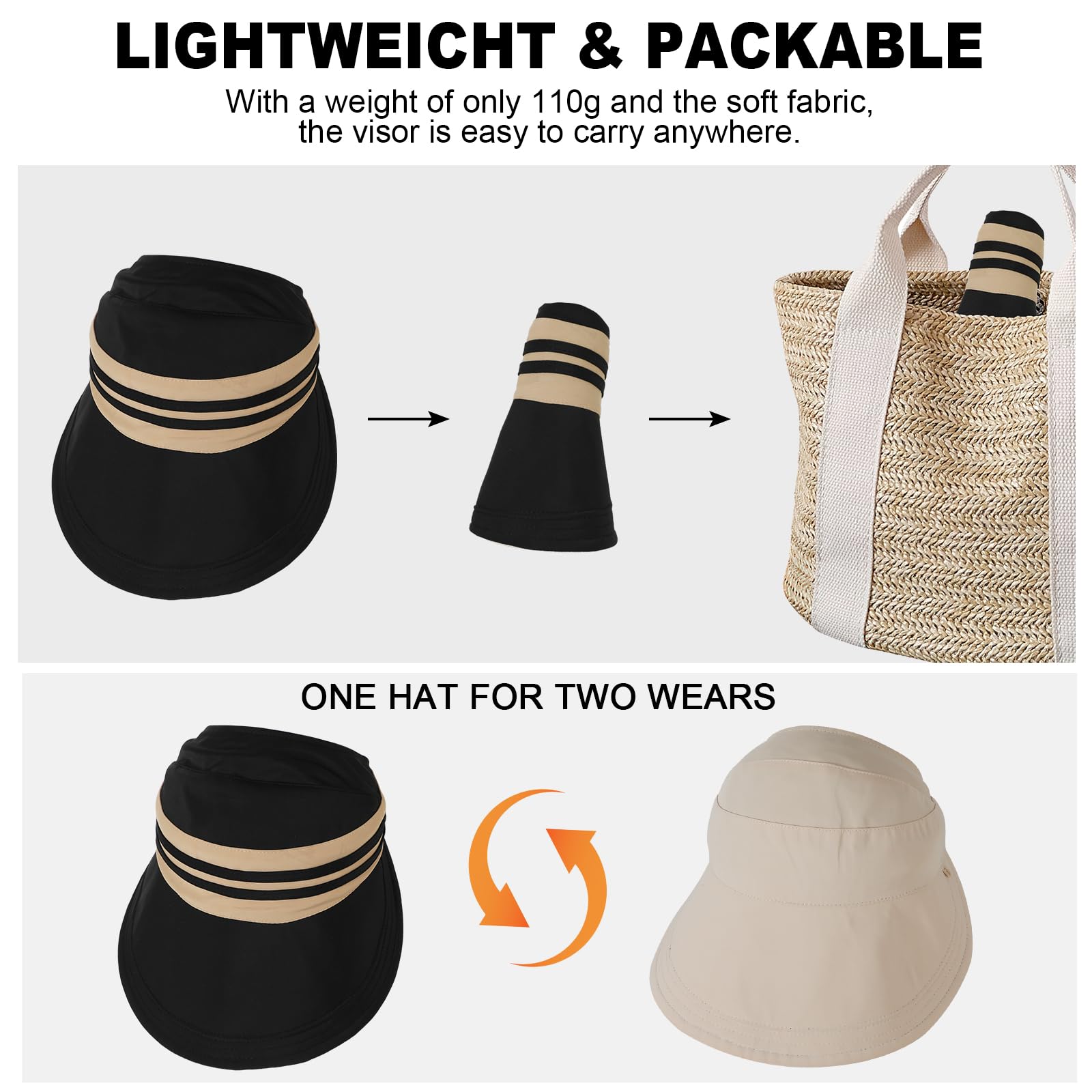 TAGVO Chapeaux de Anti-UV Visière pour Femme, Chapeau de Soleil Réversible à Séchage Rapide, Chapeau Randonnée à Large Bord, Chapeau de Légère Pliable pour Camping, Voyage, Plage