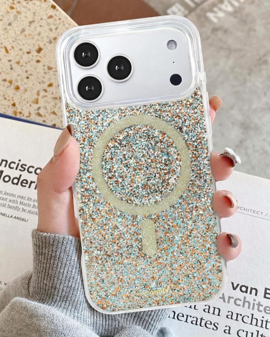 SCORPIFY Custodia magnetica per iPhone 17 Pro, compatibile con chiusura magnetica, design elegante color champagne, carina custodia magnetica da donna, con finitura glitterata