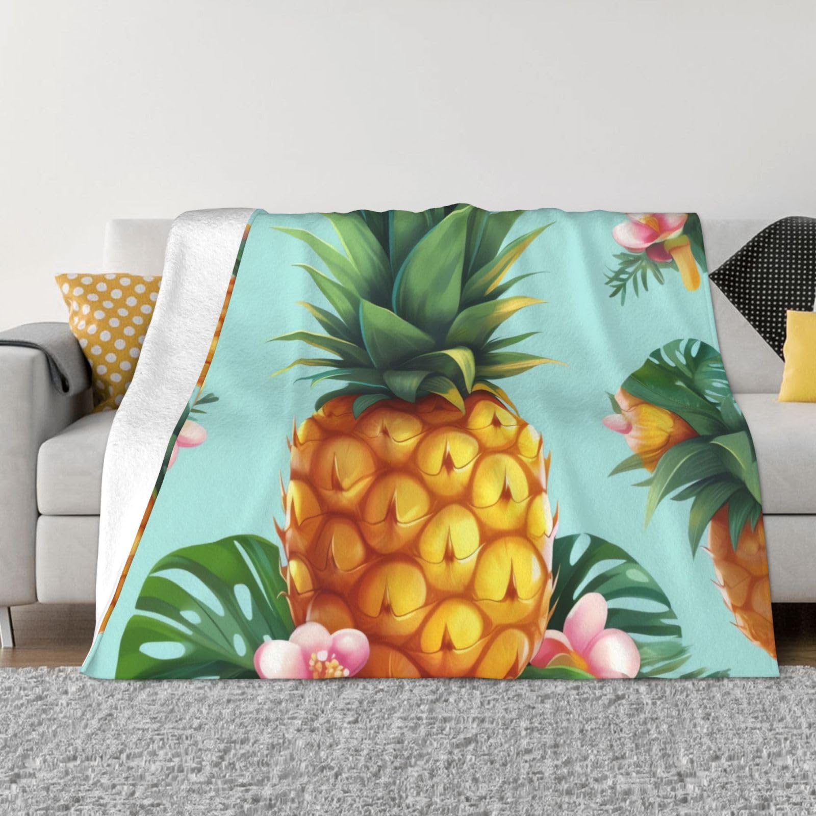 KLOPH Tropical Pineapple Throw Blanket 50"x40" Flannel Fluffy Warm Blanket for Couch, Reversible Plush Blankets for Bed, Comfy Fuzzy Blanket for Sofa, Plush Lightweight-Blankets for All Season