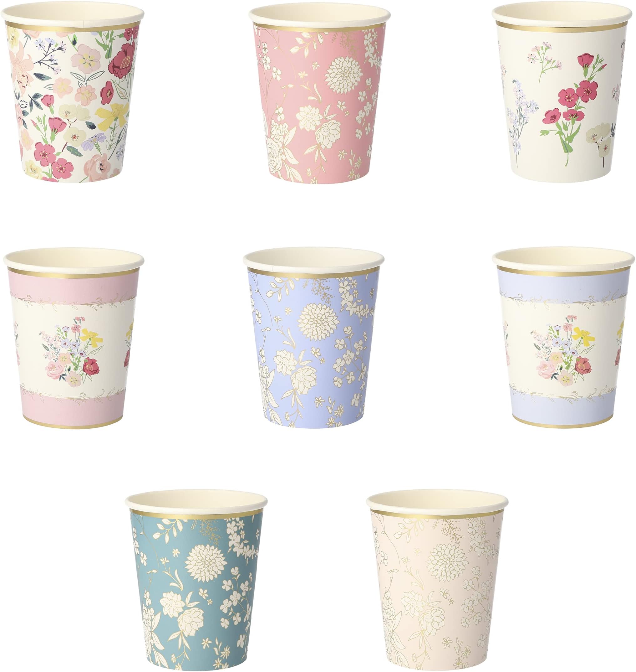 Flower Cups (Pack of 8), Floral Paper Cups, 9oz Disposable Party Cups, Garden Party Cups Sized for Kids & Adults, Ideal for Hot or Cold Party Drinks