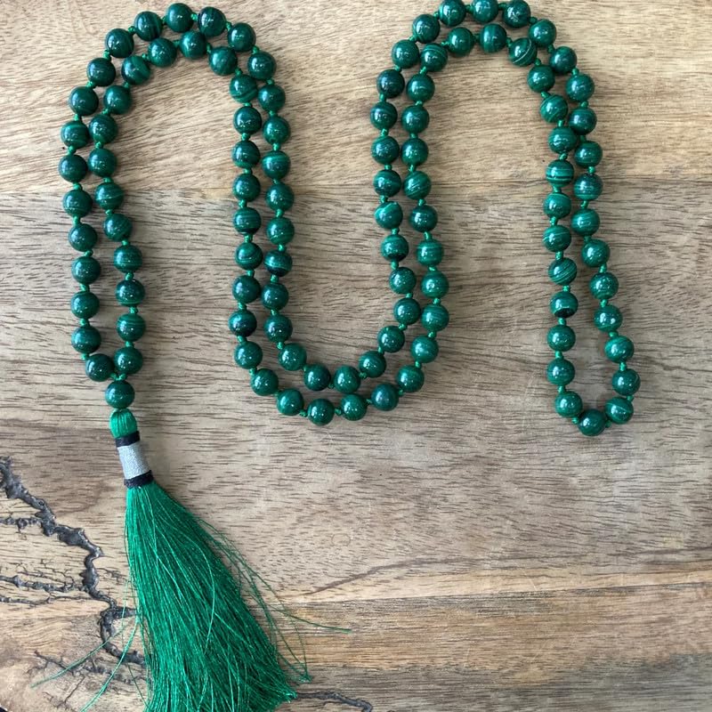 Natürliche AAA-grüne Malachit-Japa-Mala-Halskette, Gebets-Mala-Perlen, 108 Kyanit-Edelstein-Mala, buddhistische Mala, handgeknüpfte 8 mm Mala