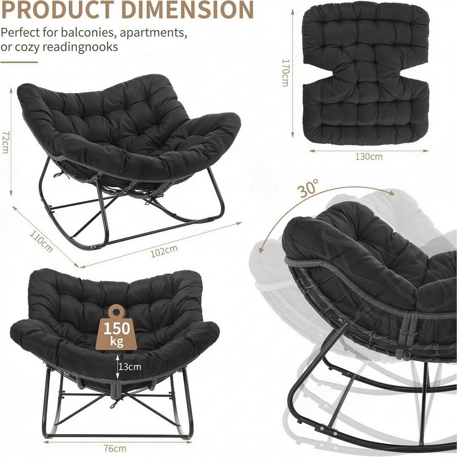 LIFERUN Rattan Rocking Chair 110x102x72cm, Oversized Wicker Outdoor Egg Chair with Waterproof Removable Cushion & Straps, Metal Frame, 150kg Large Support, Lounger Chair for Garden/Balcony/Indoor — view 2