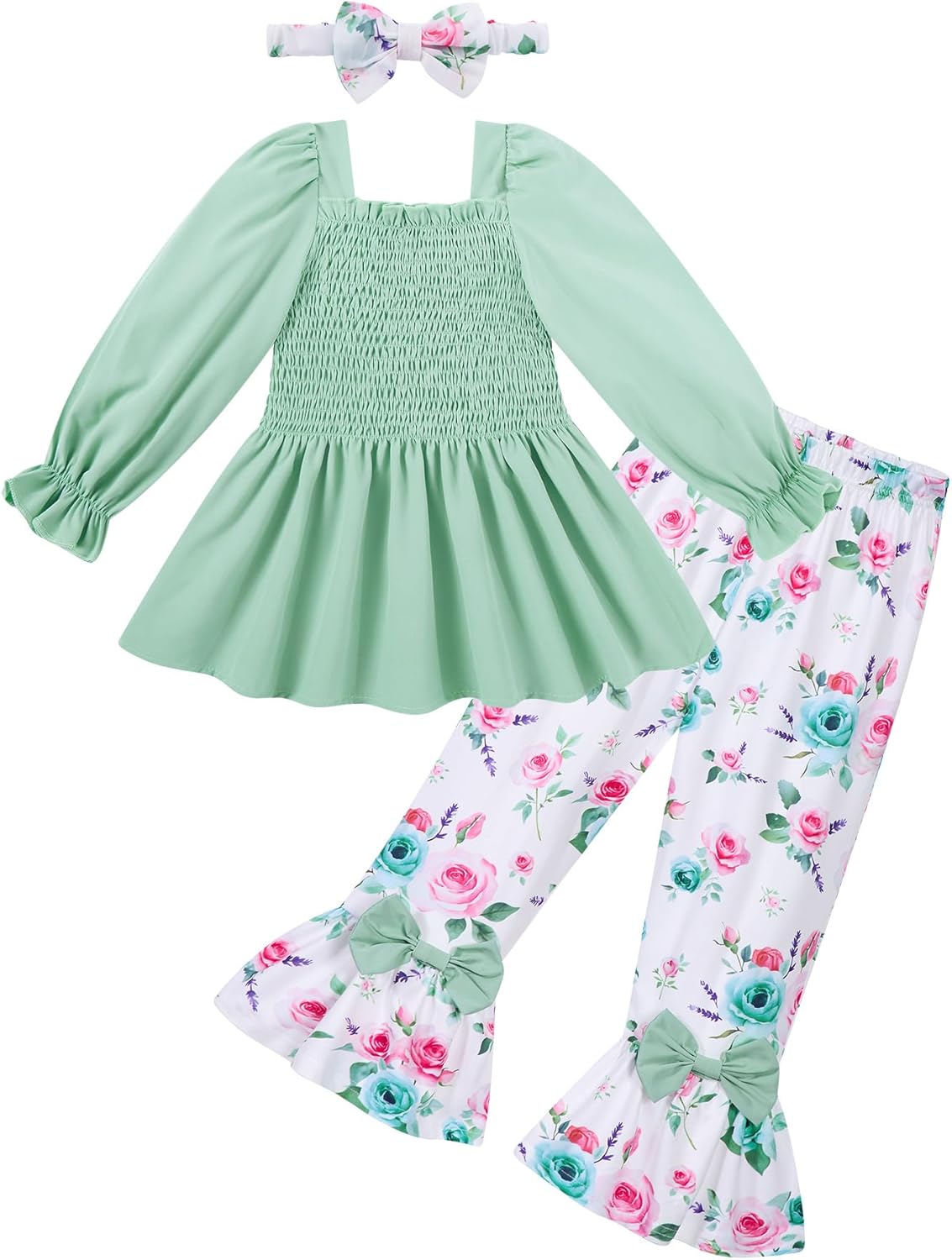 UNICOMIDEA Girls Clothes Set Shirt Top and Flare Pants with Bowknot 2-5T Kids 3 Piece Outfit For Girl