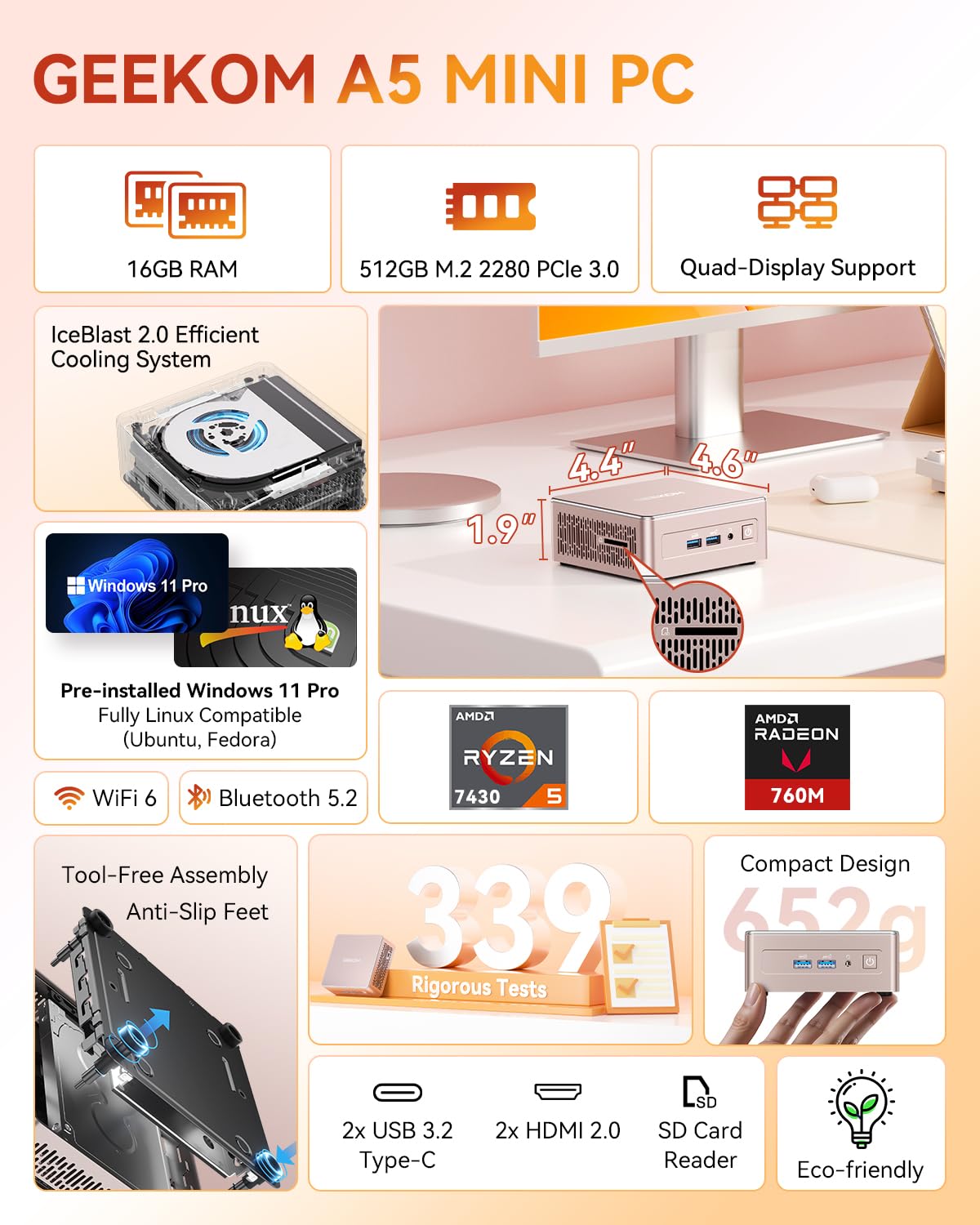 GEEKOM A5 2026 Mini PC with Windows 11 Pro, with AMD Ryzen 5 7430U (Beats 7545U/4300U/7730U) 16GB High Speed RAM & 512GB SSD, Dual HDMI 8K Quad Display/WiFi 6 for Video Editing/Graphic Design - 3