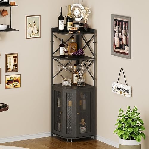 Miniatura 7 de JKsmart Gabinete de Bar de Esquina con Luces LED, Gabinete de Bar de Vino Industrial de 5 Niveles con Portavasos, Gabinetes de Licor Estilo Granja