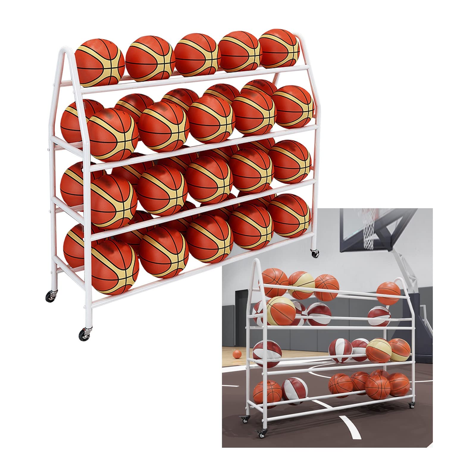 4-poziomowy stojak do przechowywania koszykówki, mobilny stojak na piłki do garażu, szkoły i wydarzeń, 140 cm, biały, na sprzęt sportowy i oszczędność miejsca