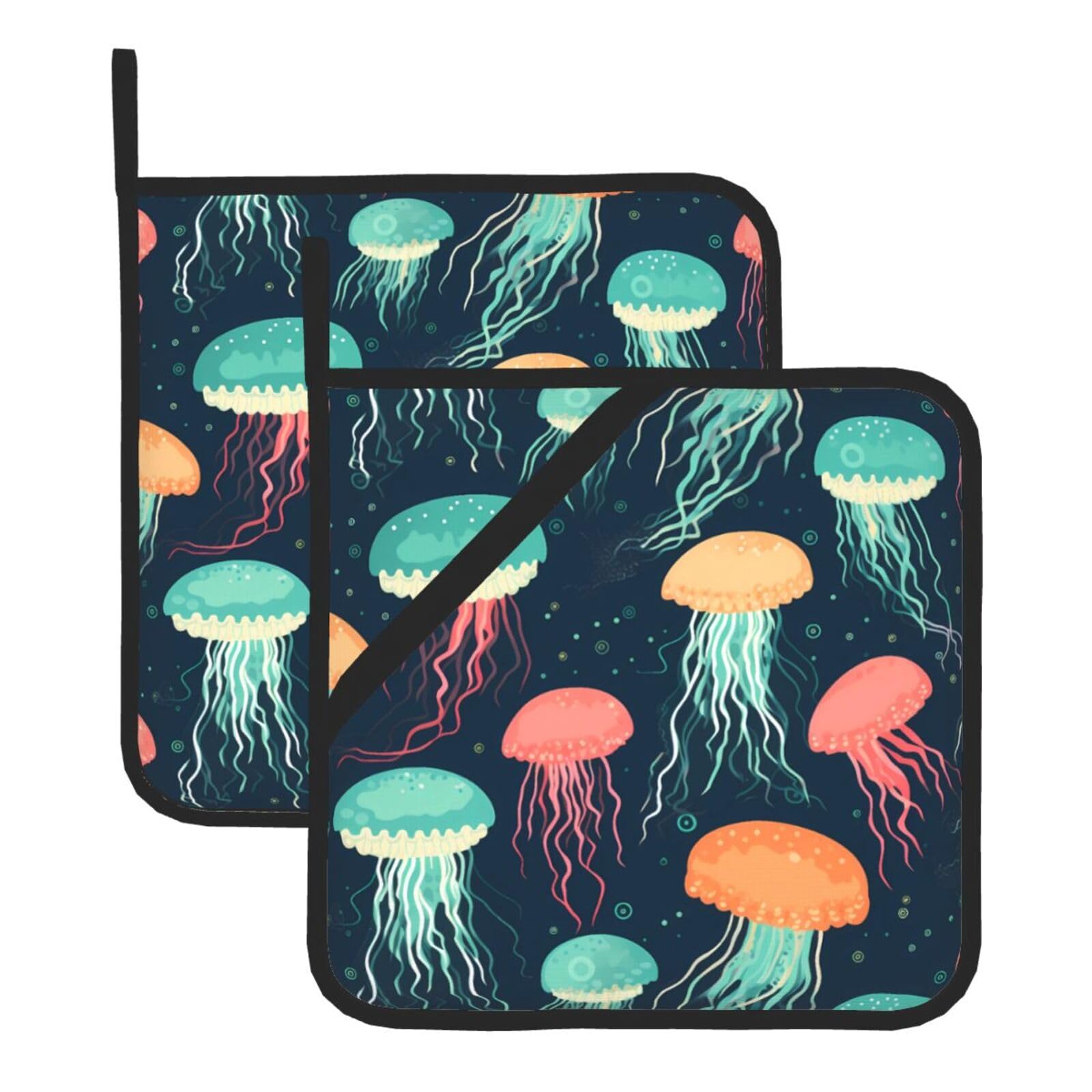 HJFCZH Jellyfish Pattern Printed Square Insulated Pot Mat Set (2-Piece) 8x8in Waterproof, Thickened & Easy to Clean with Lanyard Design for Kitchen, Oven & BBQ