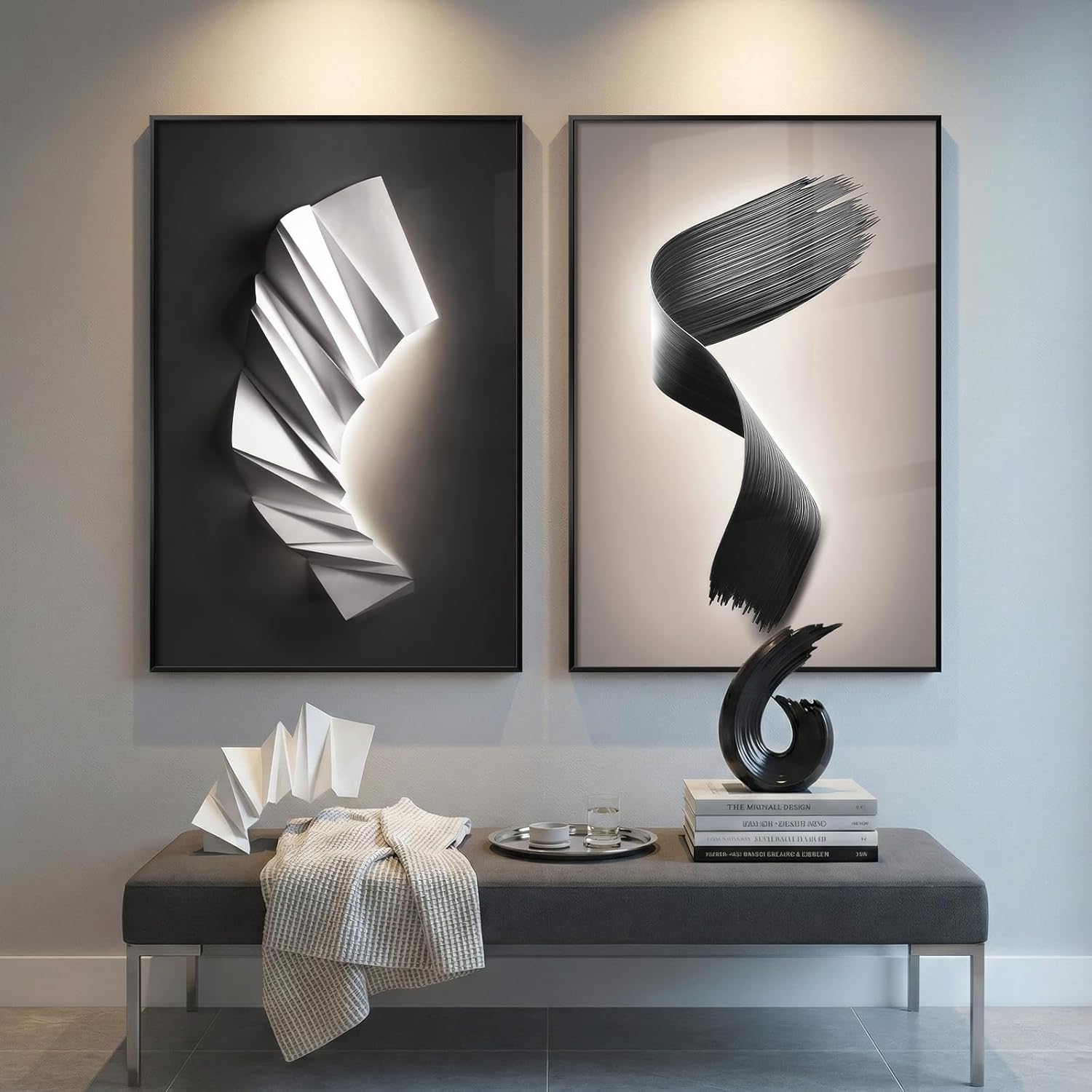 Large Framed Modern Black and White Wall Art for Bedroom, Set of 2 Abstract Geometric Pictures Print Paintings, Luxury Bright Style Artwork for Living Room Dining Room Hallway Wall Decor, 24x36 Inch
