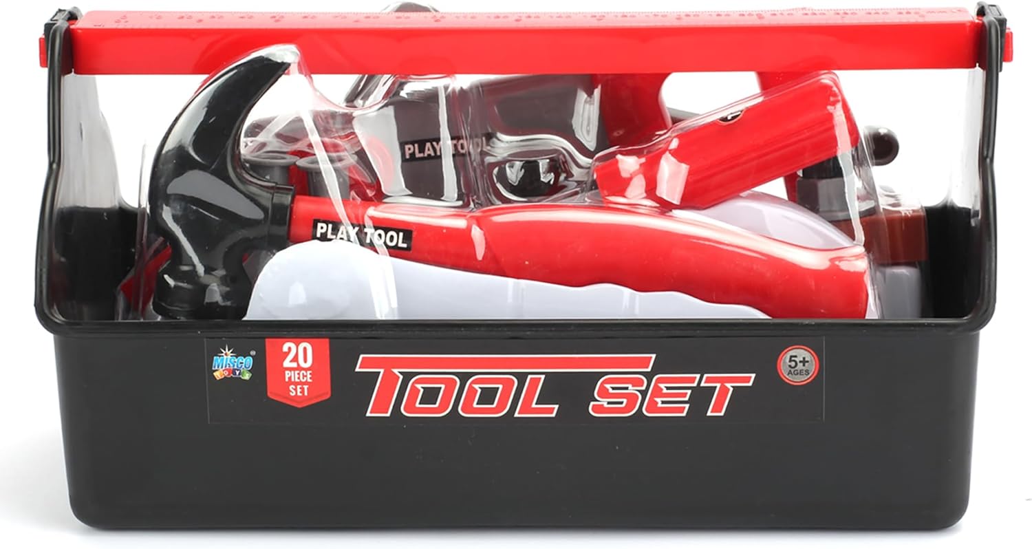 Tool Set - 20pc Toy Kit, Black & Red Construction Tool Box, Portable Carry Handle, Hammer-Screwdriver-Wrench & More, Pretend Play, Kids 5+