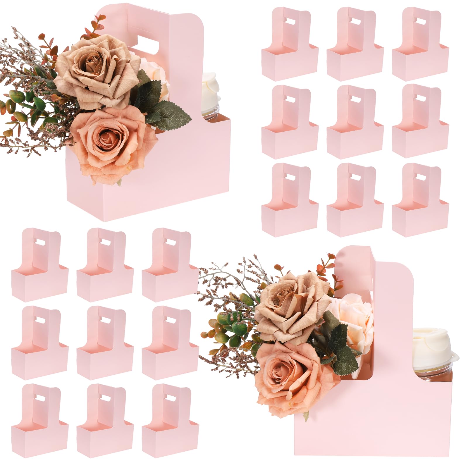 sourcing map 2 Cup Drink Carrier with Handle, 20 Pcs Kraft Paper Flower Gift Bags, Floral Wrap Packing Box, Cardboard Cup Holder Portable for Coffee Tea Bouquet Birthday Party, Pink