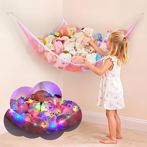 Miniatura 15 de Basumee Red de animales de peluche o hamaca con luz LED, hamaca de red de juguetes para almacenamiento de animales de peluche, hamacas para cuarto