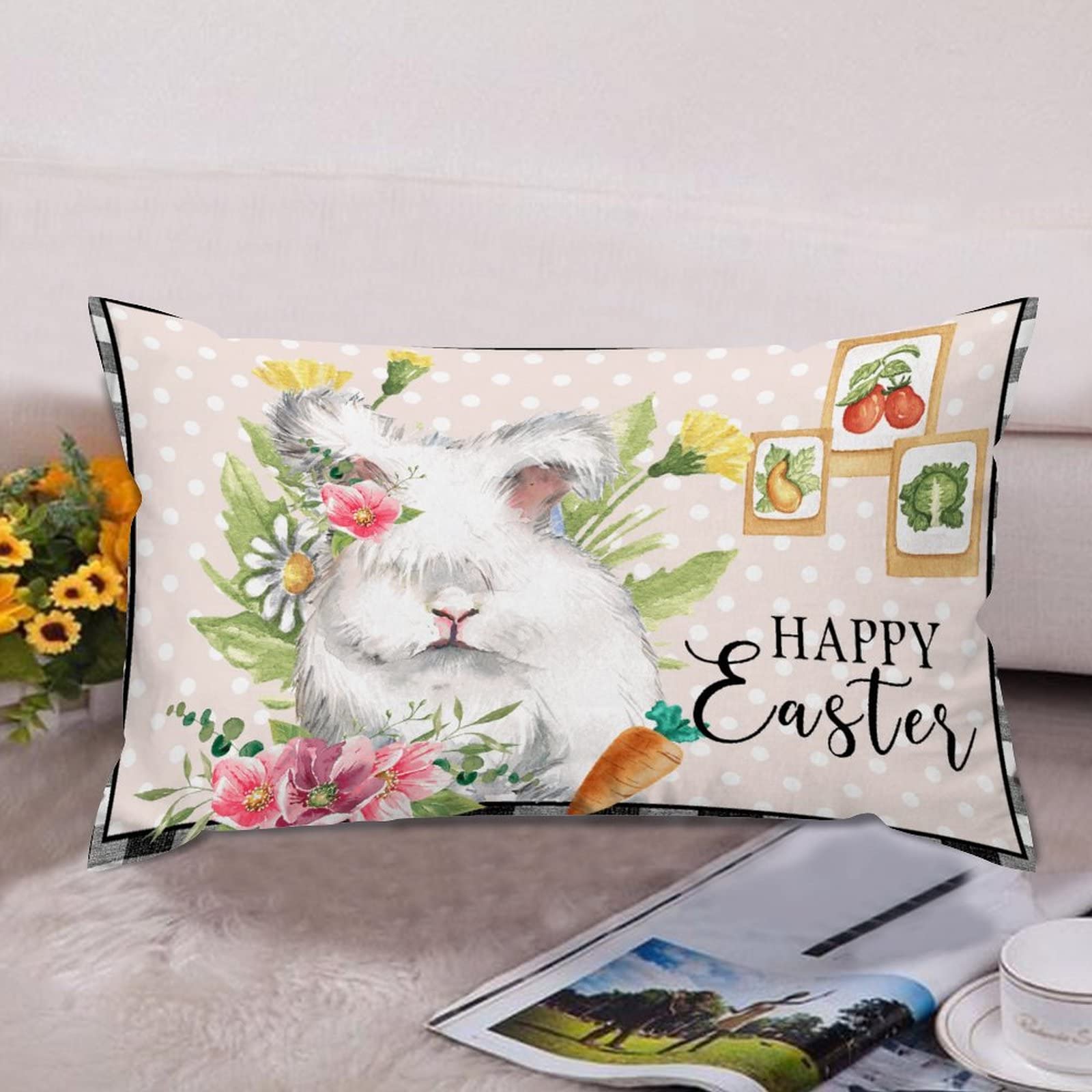 Black Plaid Cute Easter Rabbit with Flower Egg Lumbar Pillow Covers Farmhouse 12x20 Canvas Easter Bunny Cushion Covers Rectangle Pillow Covers Outdoor for Couch Home Decor