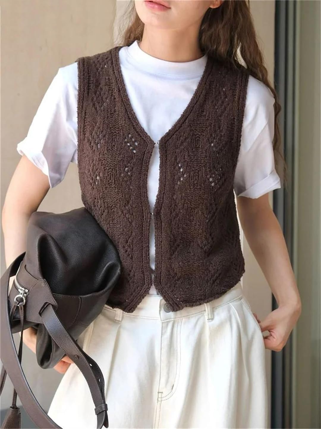 Women's Sweater Vest V Neck Button Hollow Knitted Vest Sleeveless Sweater Top