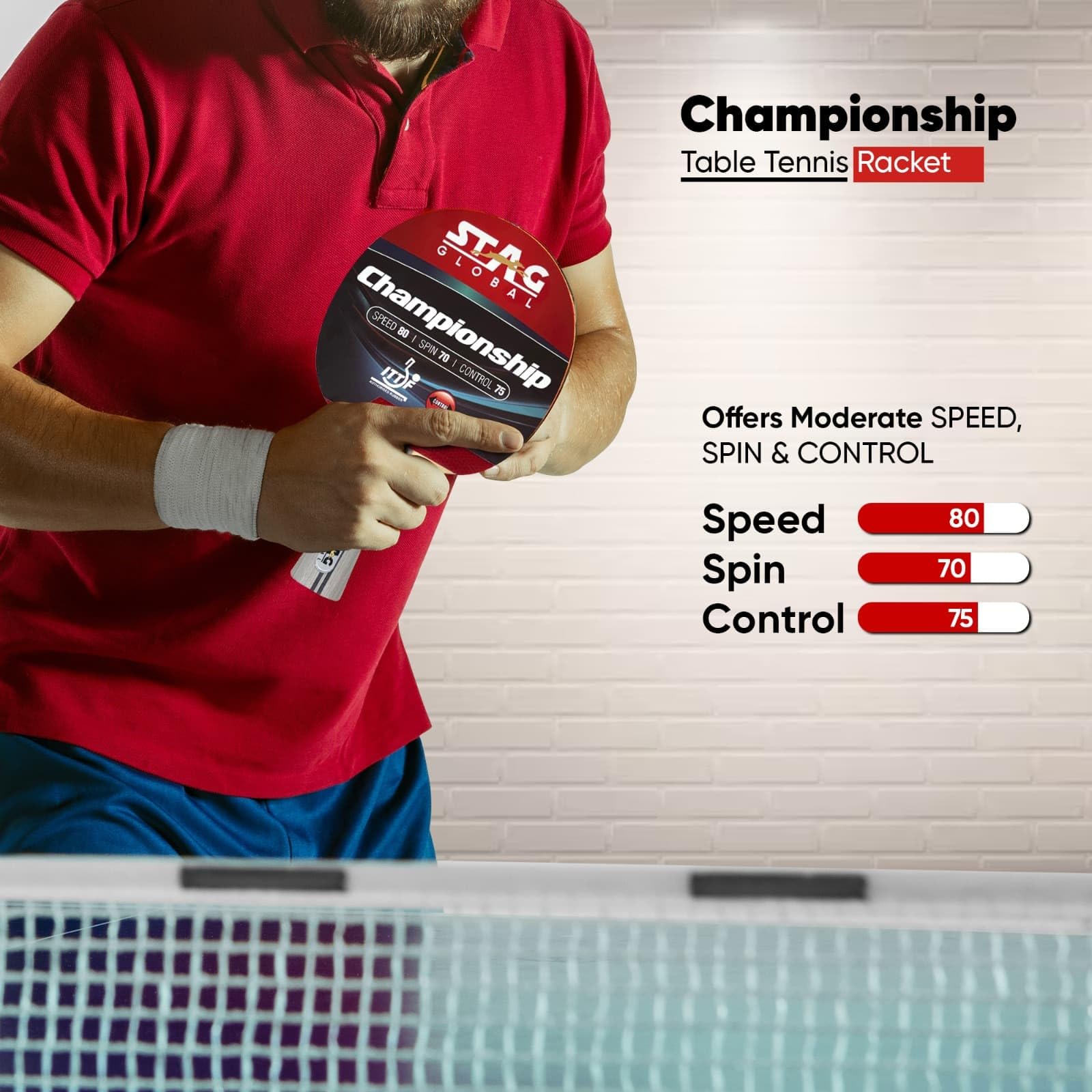 STAG GLOBAL Championship ITTF Approved Table Tennis Racket - Speed 80, Spin 70, Control 75 | Wood Blade with Flared Handle – Perfect for Beginner Training, School Tournaments (Championship) 1