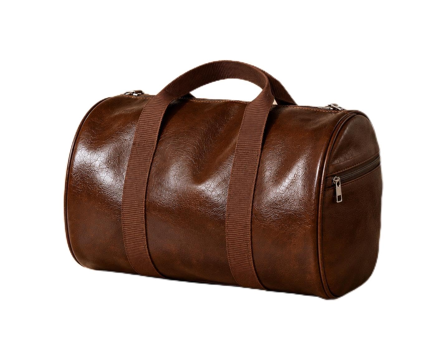 Brown Synthetic Leather Cylinder Duffle Bag for Travel | Detachable Shoulder Strap, Side Zip Pocket, Gym & Weekend Use, Reinforced Stitching, Spacious Main Compartment-picture-33