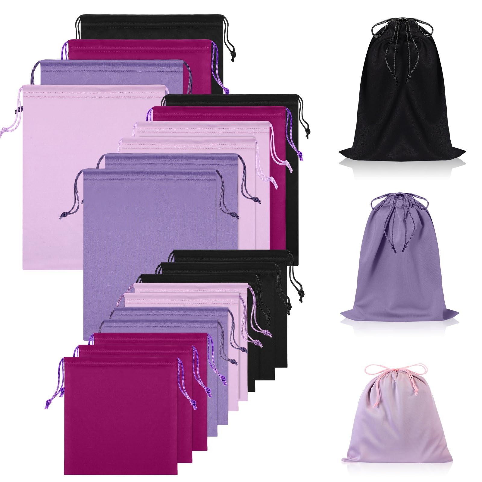 Hillban 20 Pcs Satin Game Toy Bags with Drawstring Silk Toy Organizer Lightweight Gift Pouch Multipurpose Foldable Stuff Sack Travel Bags for Women Men, 3 Sizes (S,M,L,Purple and Black)