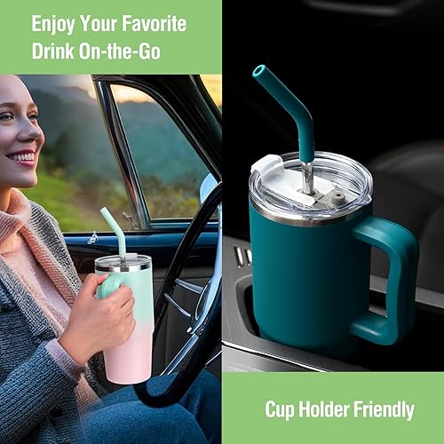 Miniatura 8 de Zukro Taza de 24 oz con revestimiento de cerámica con asa y popote, sin sabor metálico, taza de café de acero inoxidable aislada con tapas a prueba