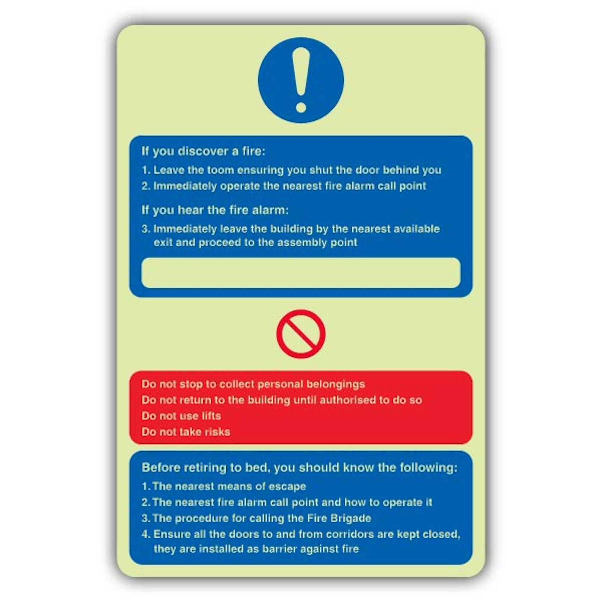 V Safety - Señal de seguridad que brilla en la oscuridad, con texto en inglés "If You Discover A Fire", 300 x 450 mm, hecho de vinilo autoadhesivo de doble brillo, señalización de seguridad contra