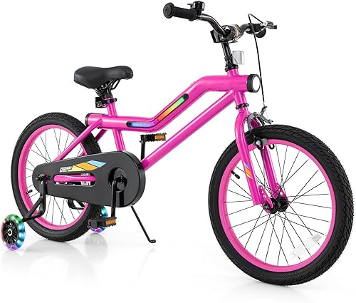 BABY JOY Bicicleta iluminada para niños, bicicleta para niños de 16 y 18 pulgadas con marco iluminado LED de 7 modos, faro, ruedas de entrenamiento