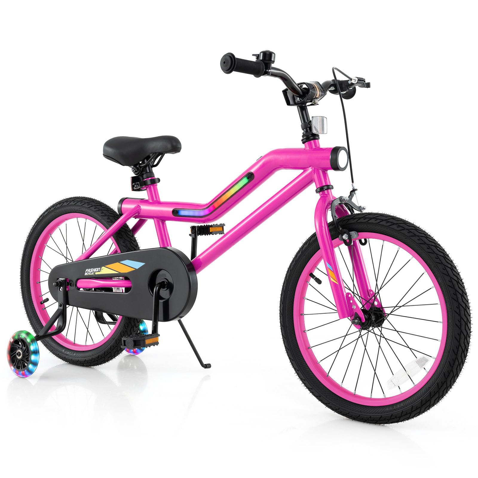 BABY JOY Lighted Kids Bike, 18 Inch LED Lighted Frame Children Bicycle with Headlight, Adjustable Seat, Training Wheels, Coaster Brake & Handbrake, Girls Boys Bike for 4-8 Years (Pink)