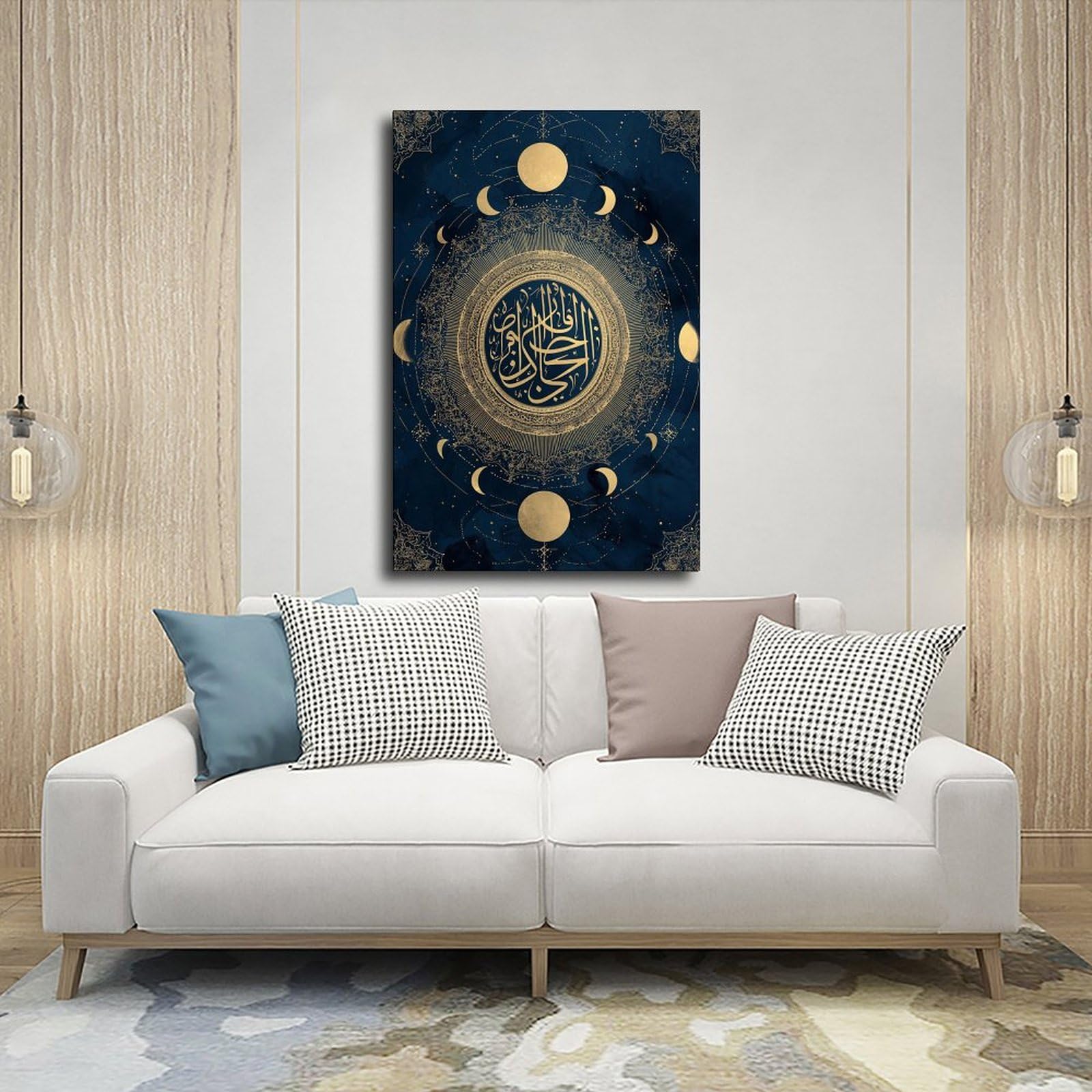 YWTJAX Poster su tela con fasi lunari, color oro, blu navy, per la