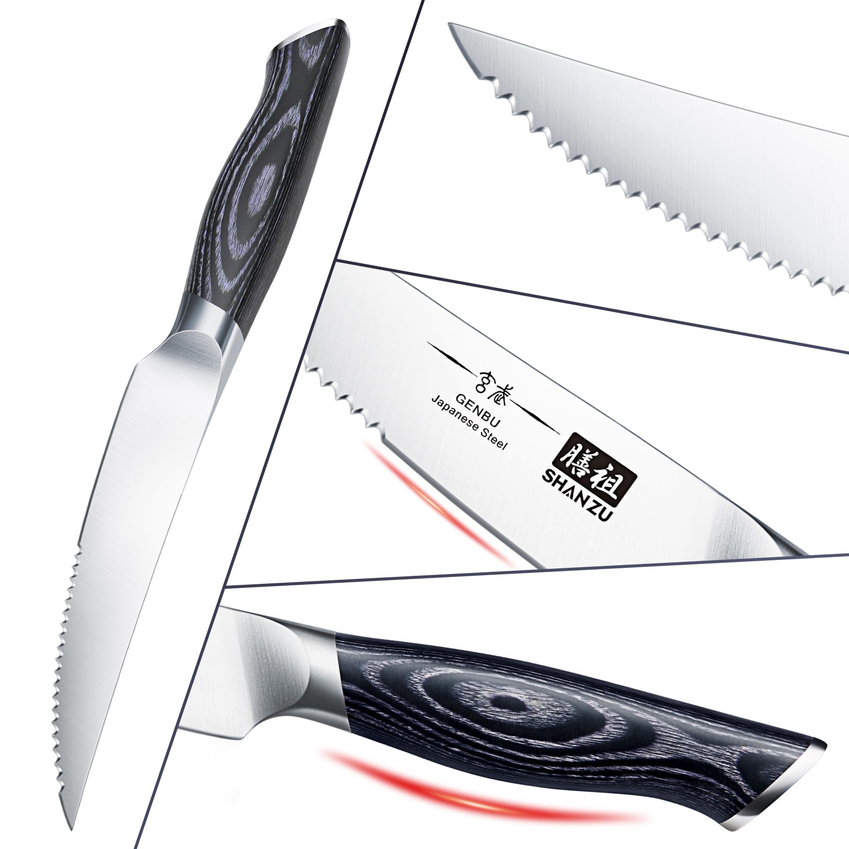 SHAN ZU Couteaux à Steak 6 Pièces, Set de Table, Lame Ultra-Fine Acier Inoxydable, Manche Bois K133 Série Genbu