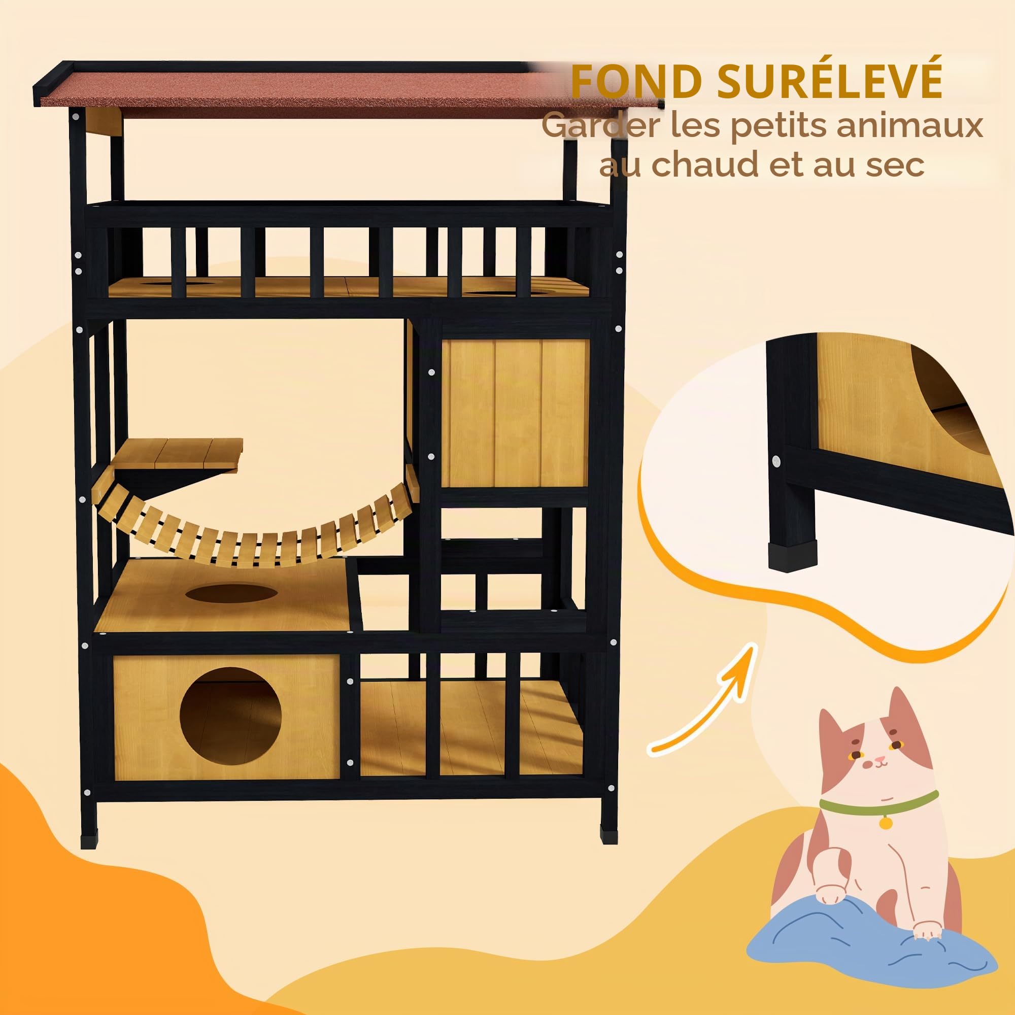 PawHut Maison extérieure pour Chat 4 Niveaux avec Pont Suspendu, Balcon | Abri en bois pour chat, portes de sortie, toit résistant à l'eau, pour 1-2 chatons