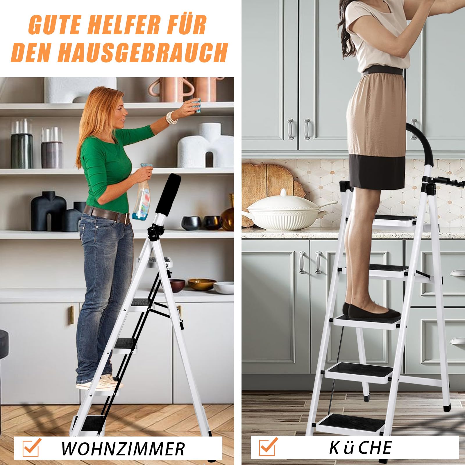 Escalera Plegable de Acero de 5 Peldaños, Escalera Doméstica Antideslizante con Barandilla para Cocina, Hogar y Oficina - Blanco | Antideslizante, Para Cocina, Para Hogar, Para Oficina, Doméstica