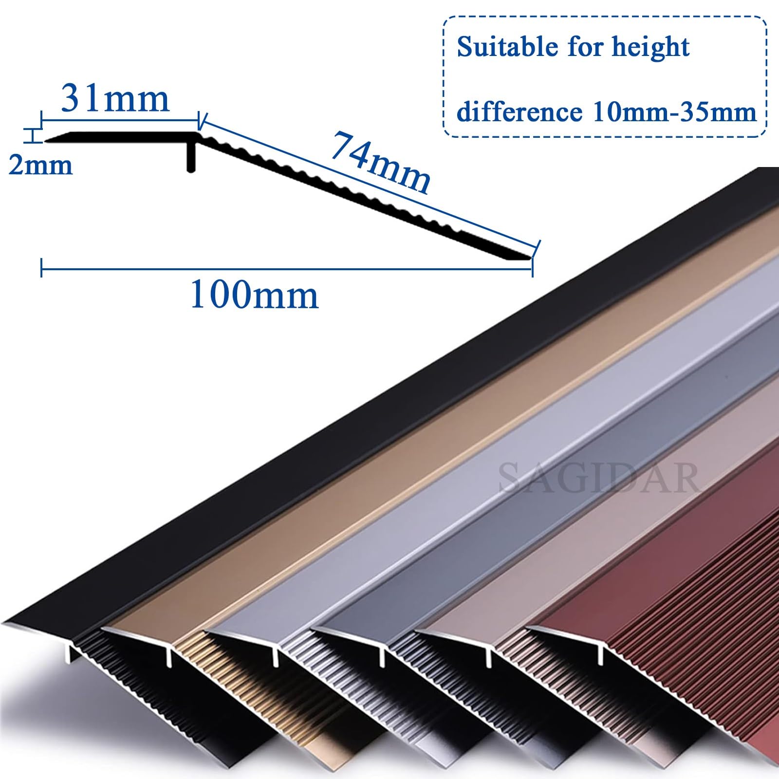 SAGIDAR Rail De Transition Plinthe De Compensation De Hauteur, Baguette Recouvrement en Aluminium, Rampe D'entrée pour Une Pente De Seuil De 1-3.5cm, Barre De Seuil pour Porte D'entrée/Balcon
