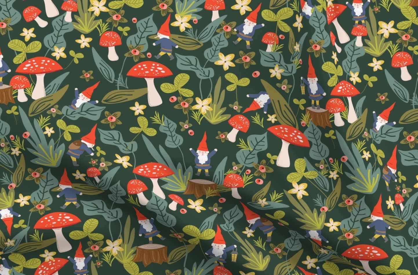 Spoonflower Fabric - Woodland, Gnomes, Large, Red, Mushroom, Garden, Summer, Floral, Printed on Denim Fabric by The Yard - Bottomweight Apparel Home Decor Upholstery
