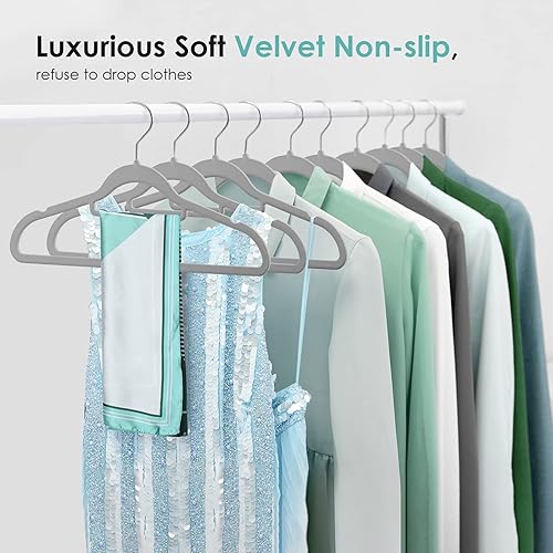 Miniatura 9 de Perchas de terciopelo antideslizantes de fieltro, paquete de 50 perchas de terciopelo gris, perchas delgadas que ahorran espacio con gancho