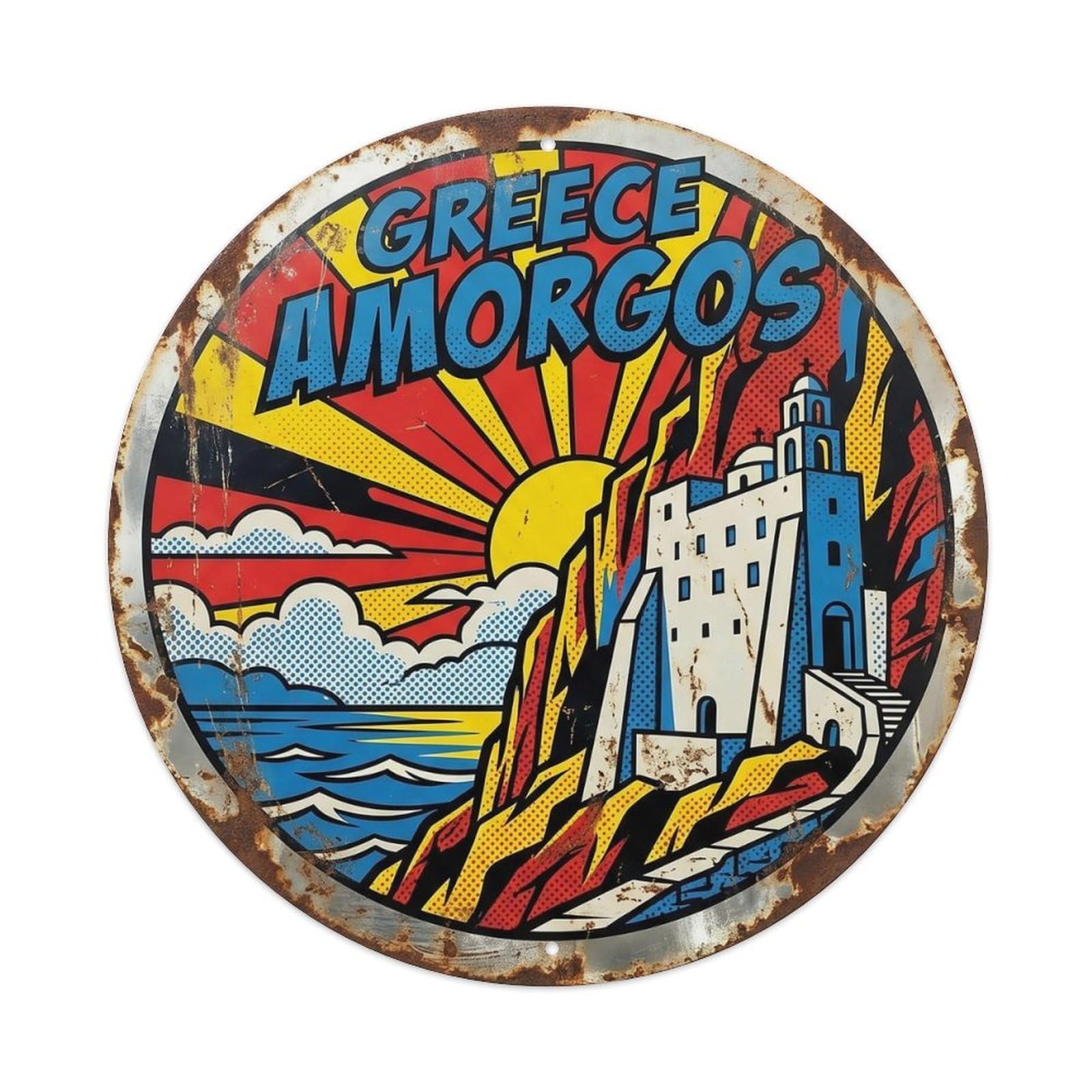 Amorgos Monastery Greek Graphic Pop Old Town Travel Metal Tin Sign