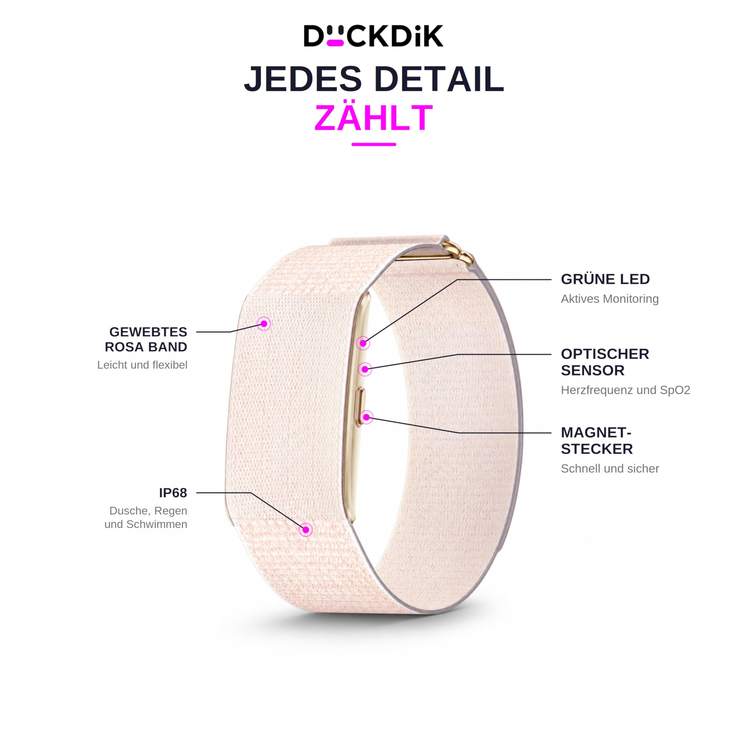 Sense Smartband ohne Display Damen Herren, Entwickelt in Spanien, KI-Coach, Schlaf Energie Erholung, Herzfrequenz 24/7 HRV SPO₂, IP68, Akku +45 Tage, Ohne ABO, Rosa