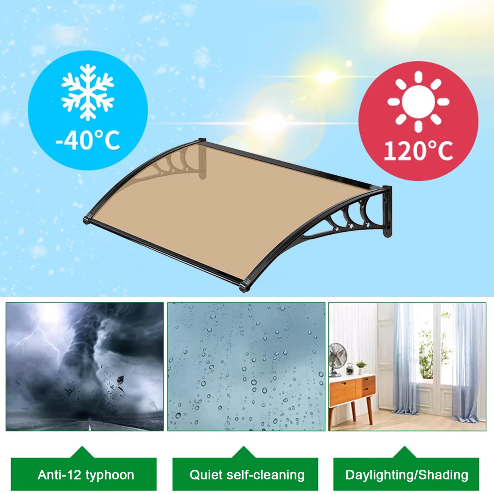 Auvent de Porte d'entrée Moderne en Polycarbonate Marron, auvent de Porte, fenêtre, Jardin, Porche, auvent, auvent arqué, Protection UV, Pluie, Neige, abri, pour Garage, Balcon (100 x 240 cm