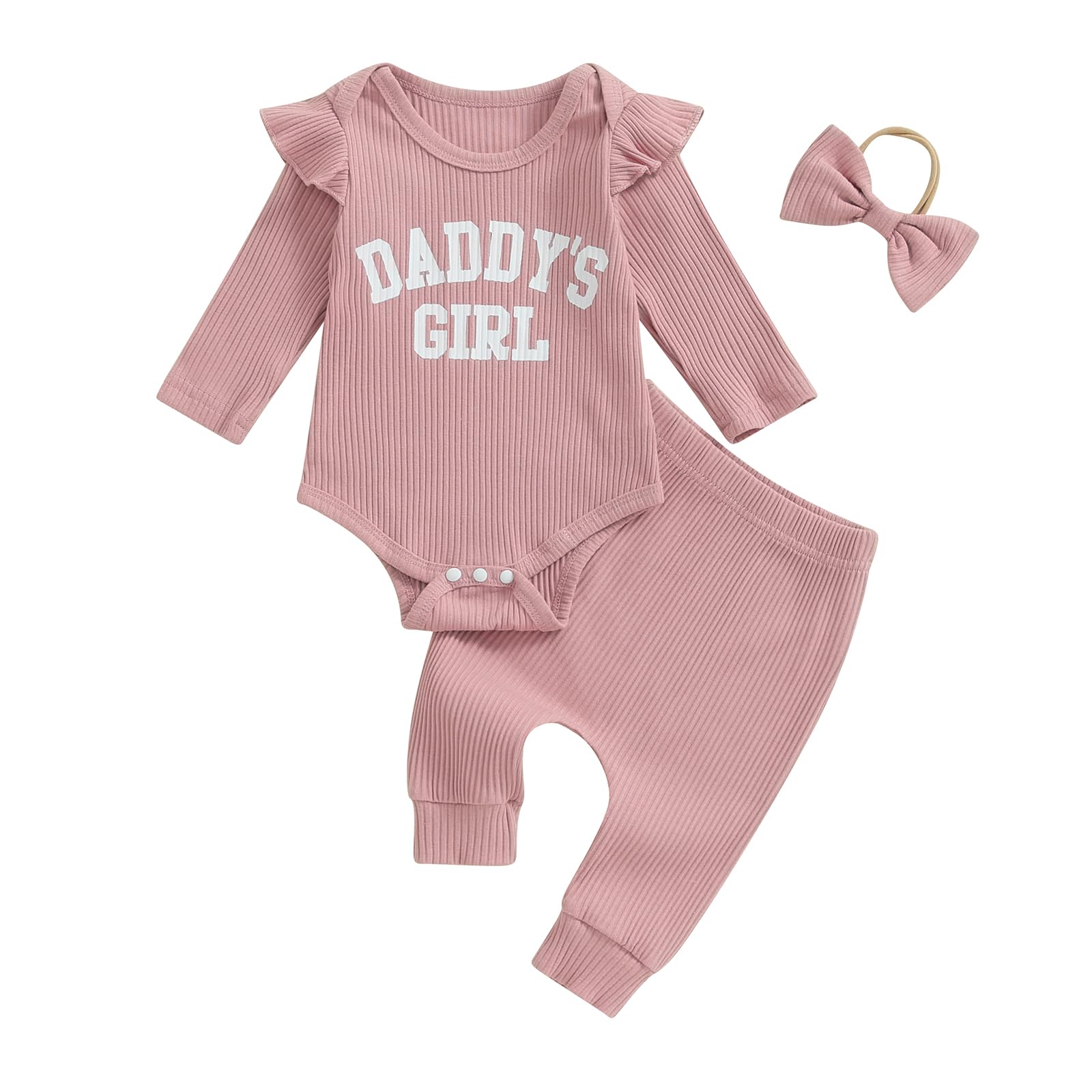 Tsnbre Newborn Baby Girl Outfits Daddys Girls Ruffle Long Sleeve Romper Top Pants Headband Infant Fall Winter Clothes (Pink, 0-3 Months)