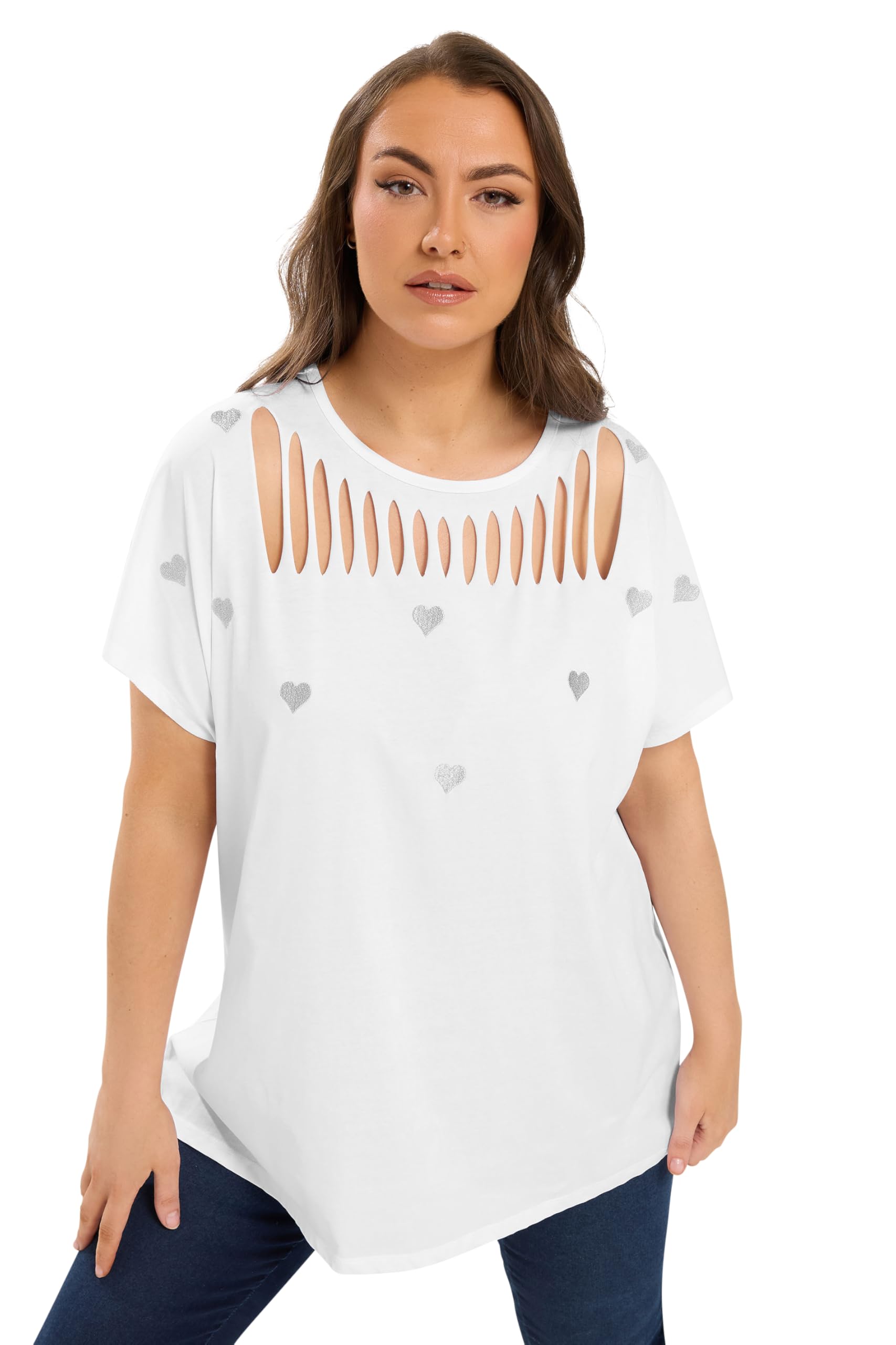 Yours Women's Heart Embroidered Slash T-Shirt in White | Size: 22-24