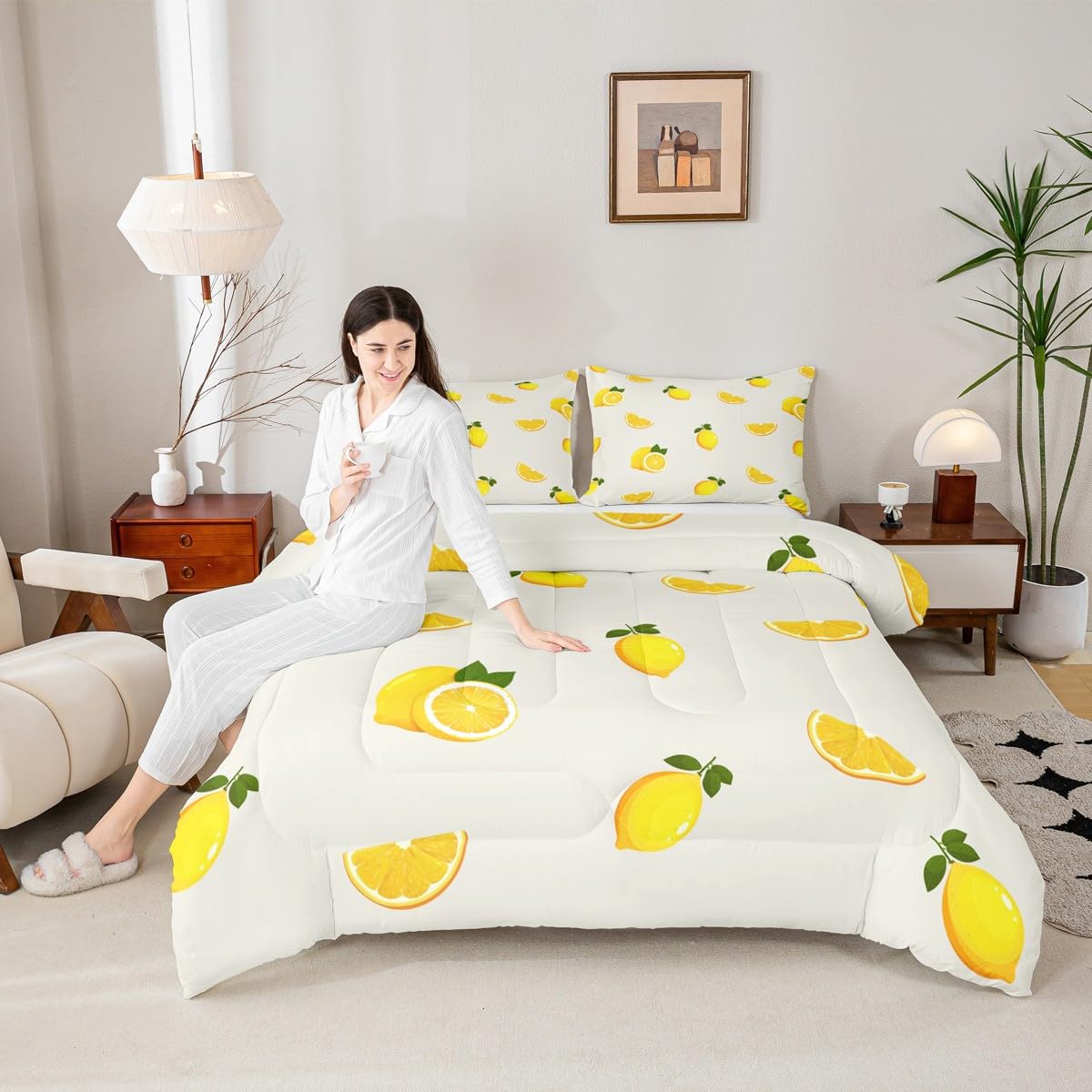 Bettwäsche-Set mit Zitronenmuster, Queen-Size-Größe, gelber Obstdruck, für Kinder, junger Mann, kühles Sommer-Bettwäsche-Set für Teenager, Kinderzimmer, Dekoration, Cartoon-Zitrone, gestepptes