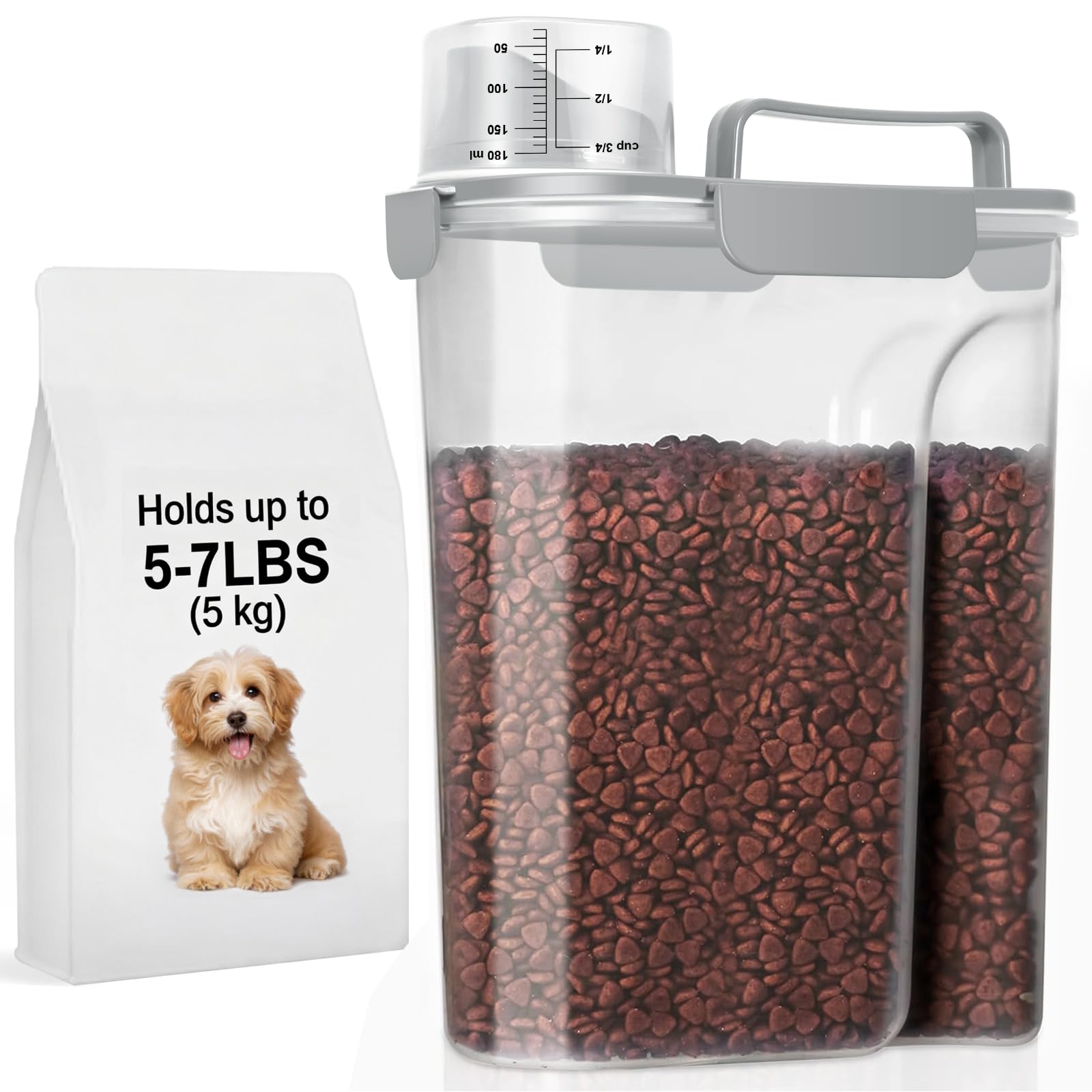 LEAWALK 5-7Lbs Airtight Dog Cat Pet Food Storage Container- Light Gray