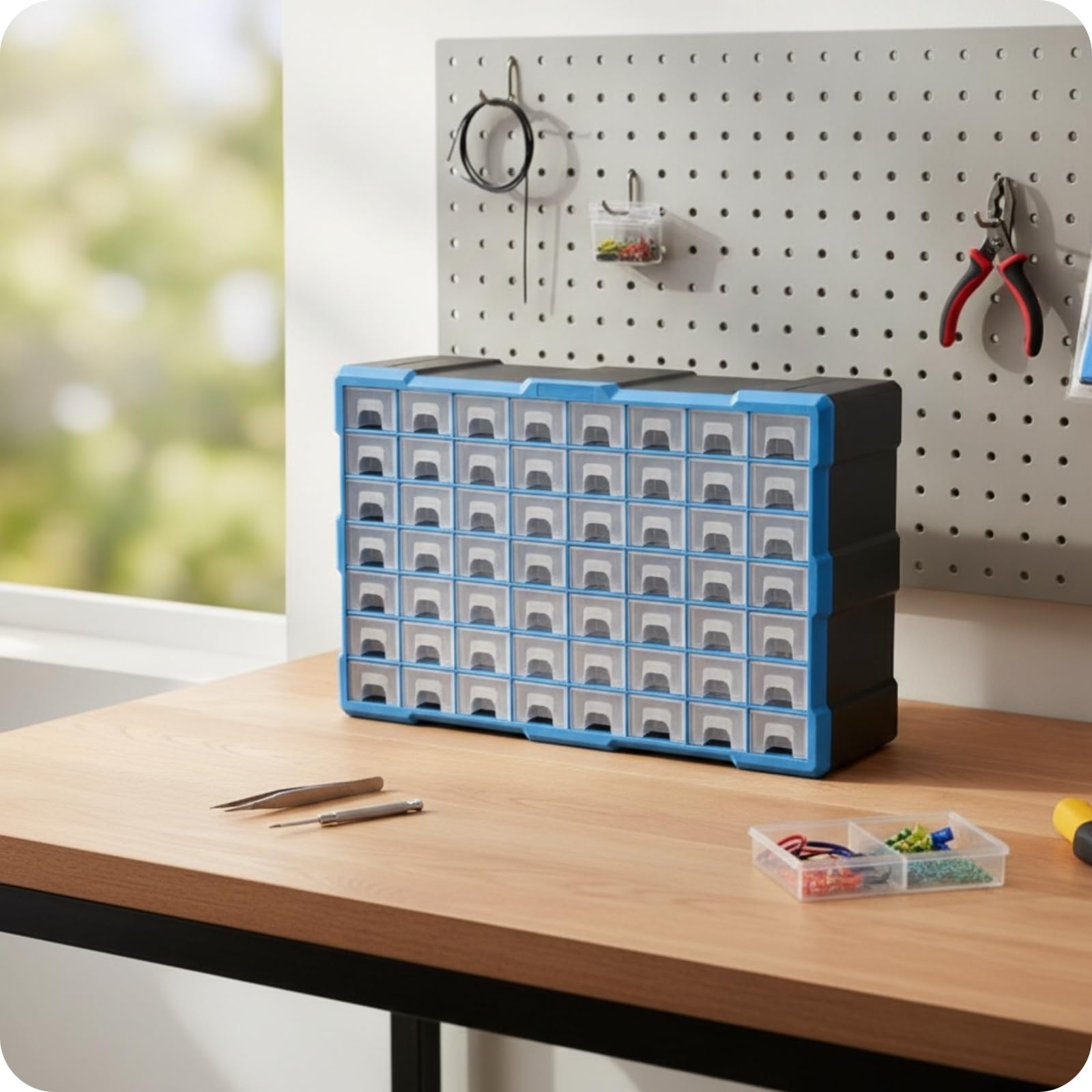 Organizador de Componentes con 64 Cajones Transparentes Gabinete de Almacenamiento Cajonera de Piezas Archivador de Tornillos Distribución Eficiente, Azul