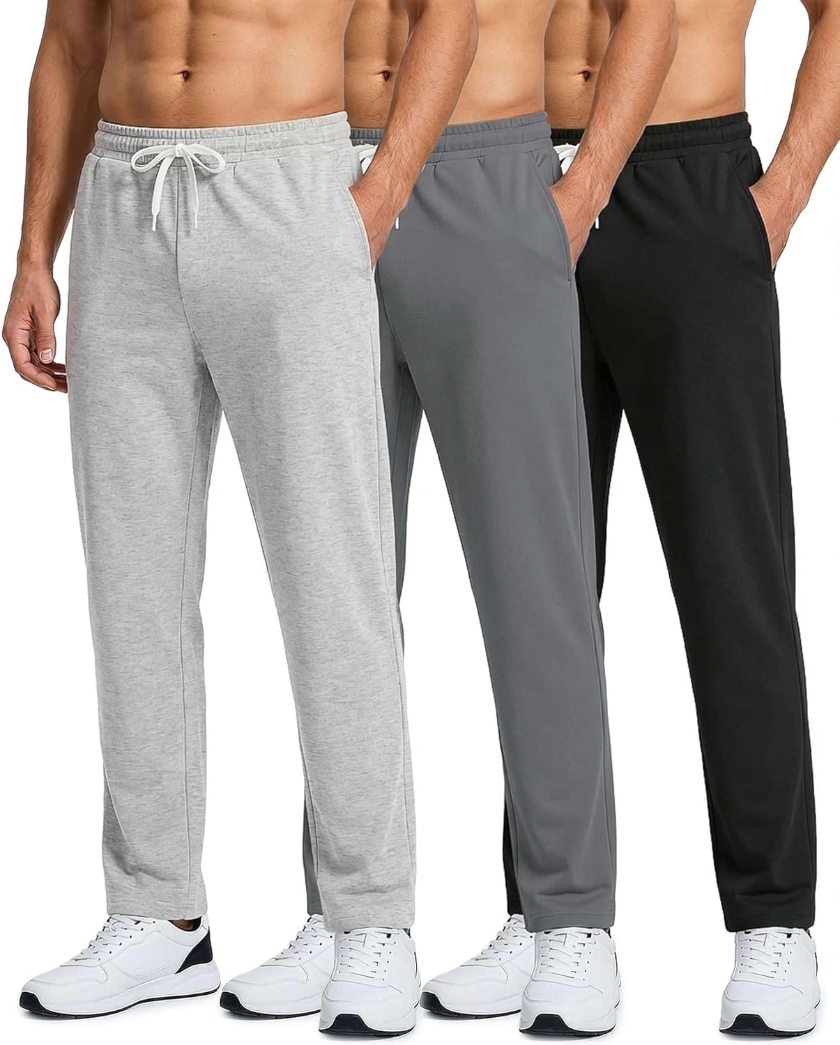 Real Essentials 3 Pack: Men's French Terry Open Bottom Sweatpants - Casual Lounge Comfort Gym with Pockets