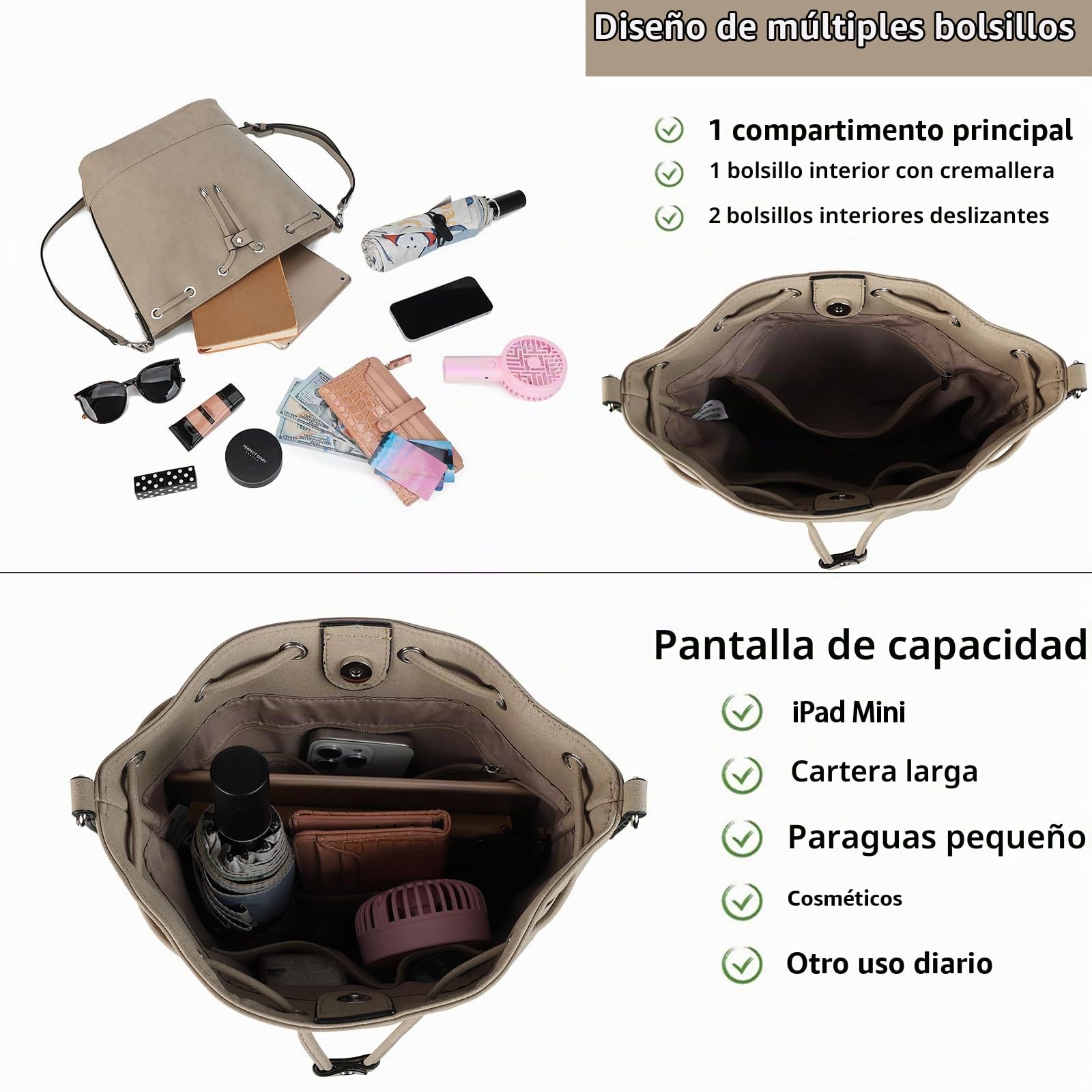 AFKOMST Bolsas grandes para mujer, bolso de hombro con cordón y bolso cruzado con 1 bolsa con cremallera