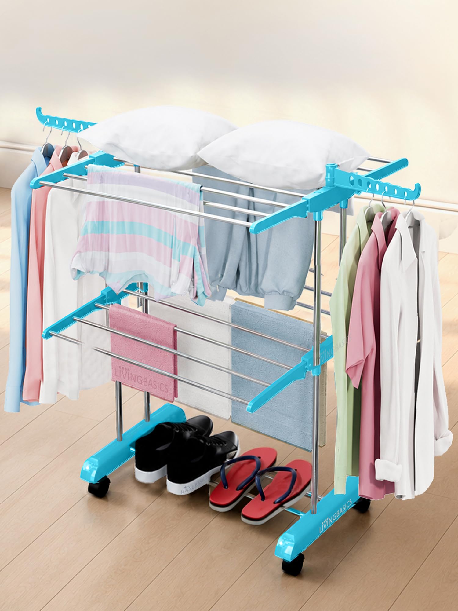 LIVINGBASICS 2 Layer Clothes Stand for Drying Foldable Rack, Cyan Blue