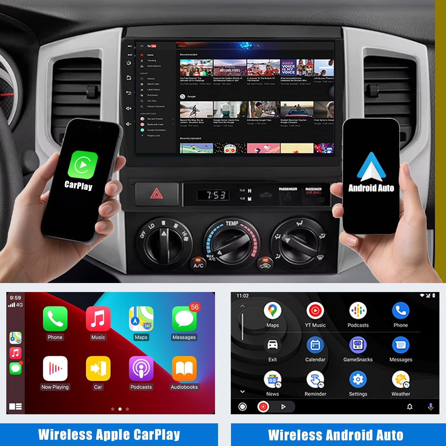 Car Radio for Toyota Tacoma 2005-2013: 9" IPS Touch Screen, Built-in GPS, Wired & Wireless CarPlay/Android Auto, Backup Camera, SWC,5G WiFi, FM (4Core+64G)